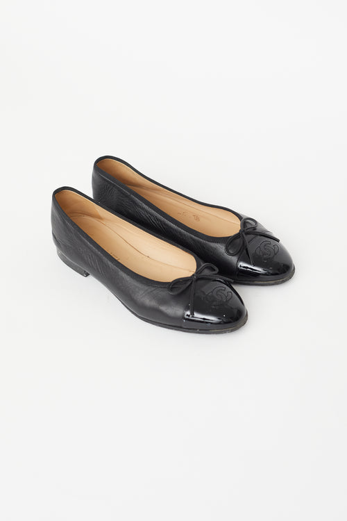 Chanel Black Leather Patent Toe Cap Ballet Flat