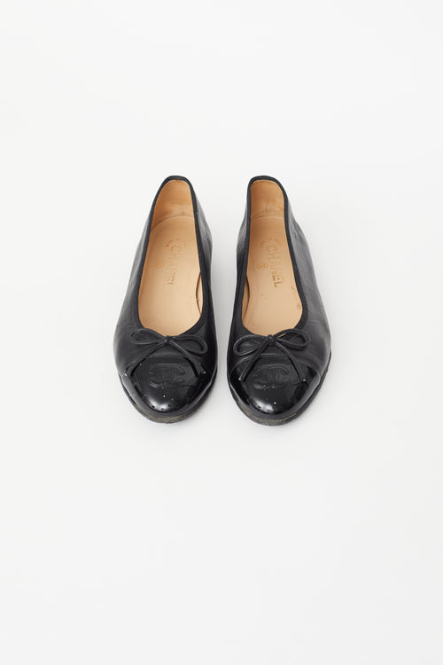 Chanel Black Leather Patent Toe Cap Ballet Flat