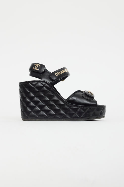 Chanel Black 
Gold Quilted Leather Wedge Sandal