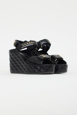 Chanel Black 
Gold Quilted Leather Wedge Sandal