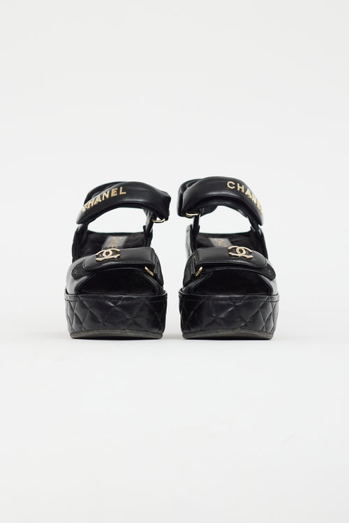 Chanel Black 
Gold Quilted Leather Wedge Sandal