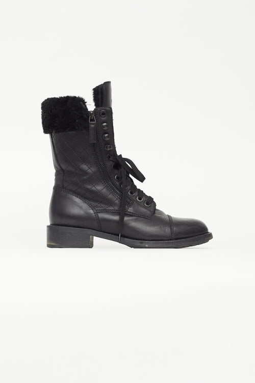 Chanel Black Leather Quilted Shearling Combat Boot