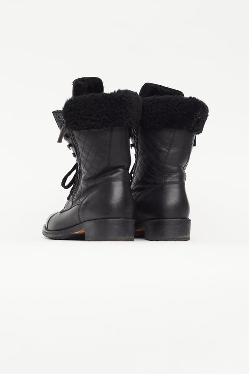 Chanel Black Leather Quilted Shearling Combat Boot