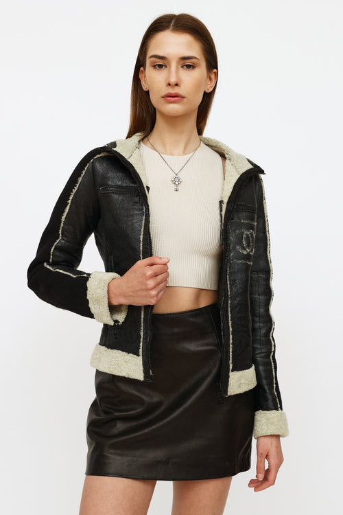 Chanel Black Leather 
Shearling Jacket