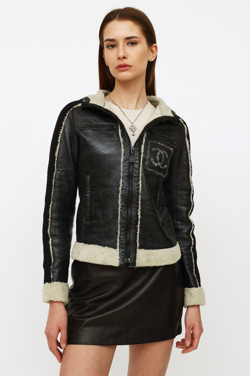 Chanel Black Leather 
Shearling Jacket