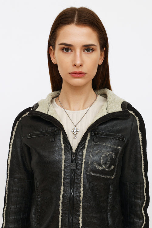 Chanel Black Leather 
Shearling Jacket