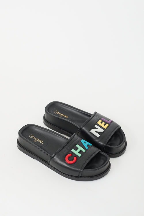 Chanel Black 
Multi Leather Logo Slide