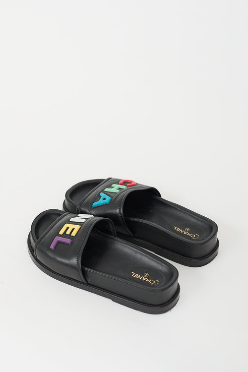 Chanel Black 
Multi Leather Logo Slide