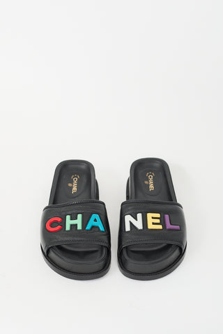 Chanel Black 
Multi Leather Logo Slide