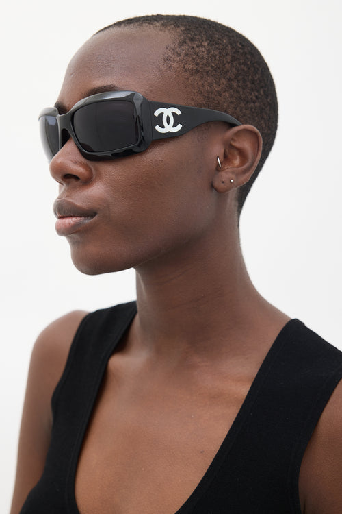 Chanel Black 
White 5076-H Pearl Logo Sunglasses