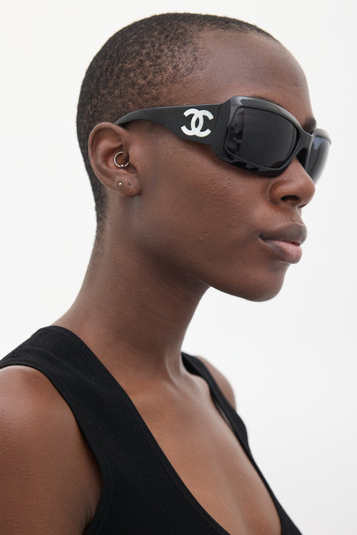 Chanel Black 
White 5076-H Pearl Logo Sunglasses