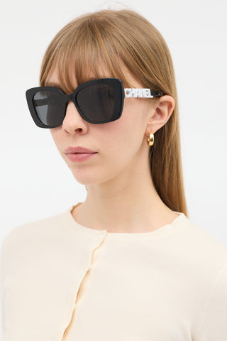 Chanel Black 
White 5422-B Embellished Logo Sunglasses