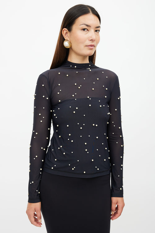 Chanel Black Mesh Pearl Embellished Top