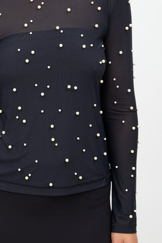 Chanel Black Mesh Pearl Embellished Top