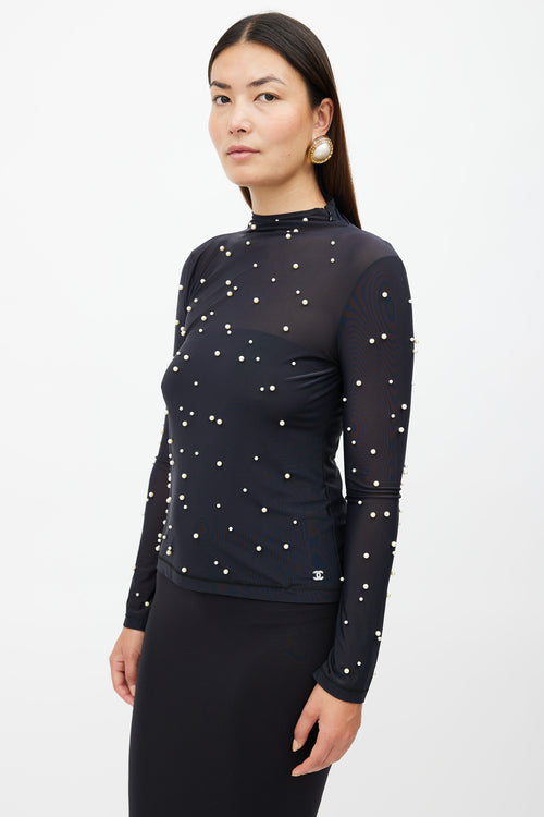 Chanel Black Mesh Pearl Embellished Top