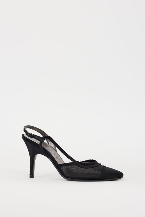 Chanel Black Mesh Ruffle CC Slingback Heel