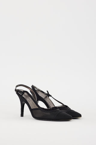 Chanel Black Mesh Ruffle CC Slingback Heel