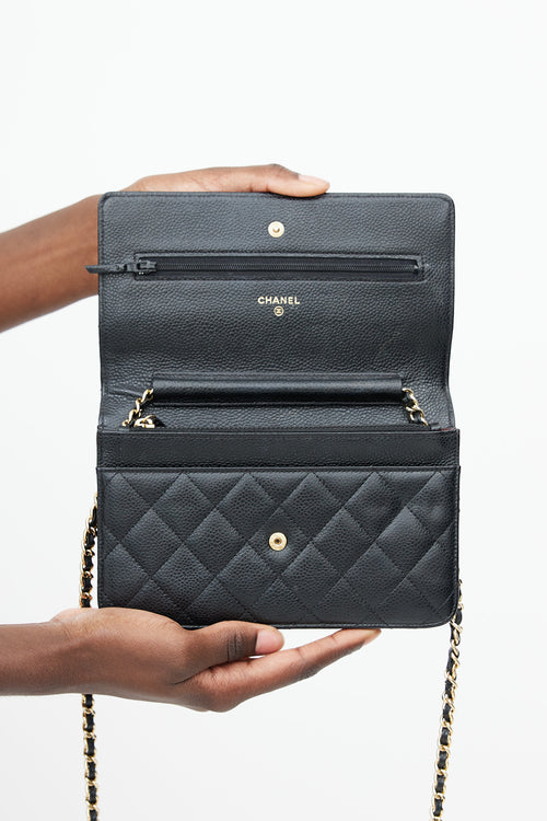 Chanel Black 
Gold Quilted Caviar Wallet On Chain