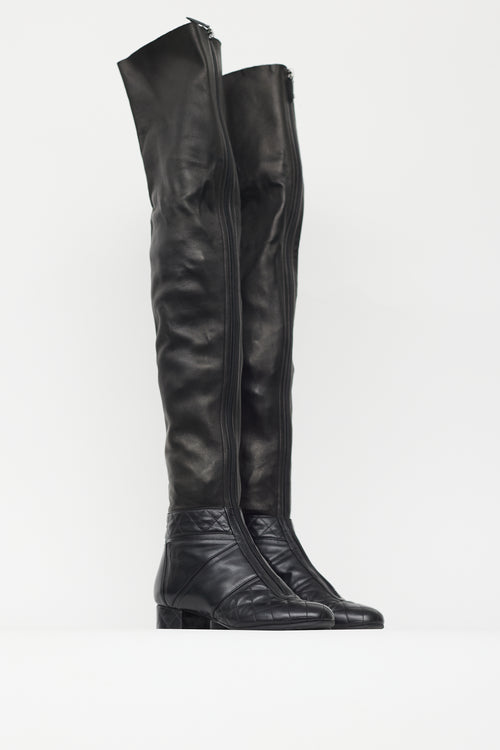 Chanel Black Leather Quilted Knee High Boot