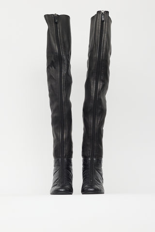 Chanel Black Leather Quilted Knee High Boot