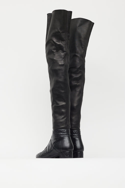 Chanel Black Leather Quilted Knee High Boot