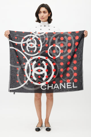 Chanel Black 
Red Polkadot Logo Scarf