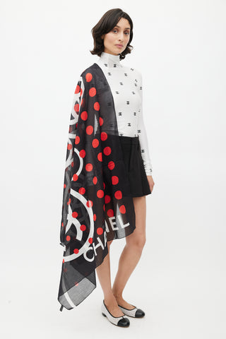 Chanel Black 
Red Polkadot Logo Scarf