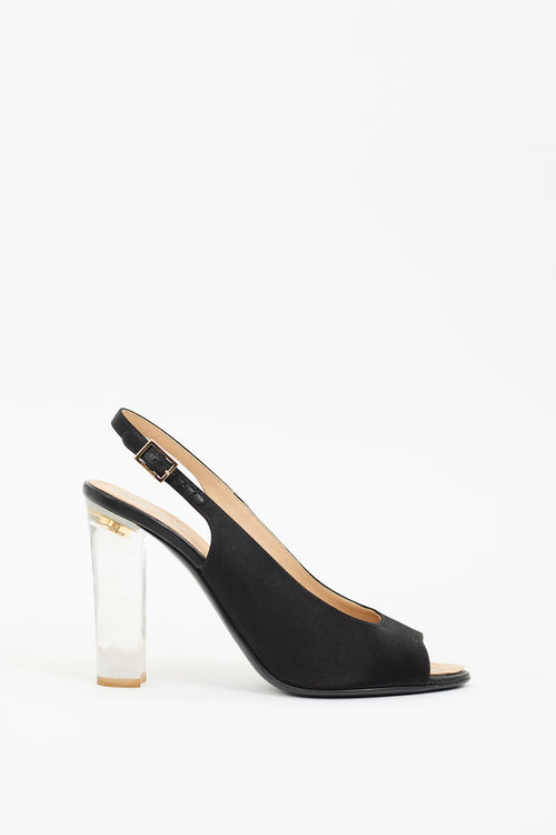 Chanel Black Satin 
Lucite Slingback Pump