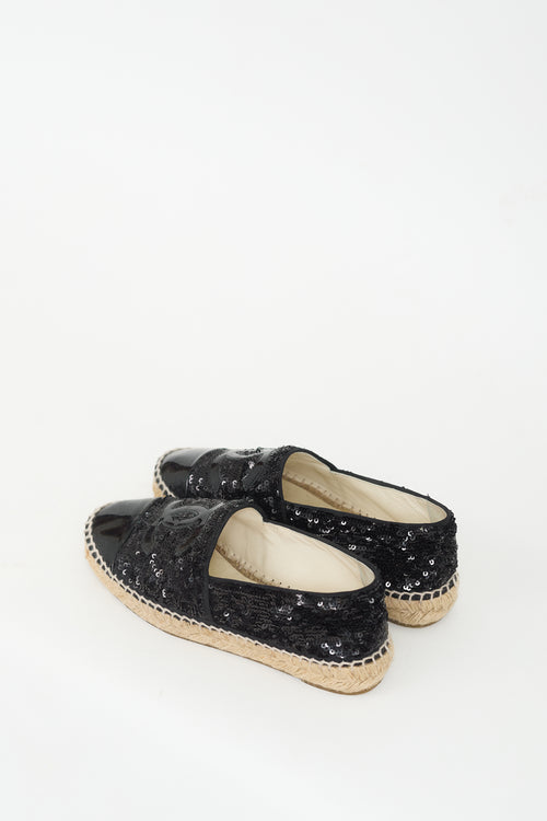 Chanel Black Sequin 
Patent CC Logo Espadrille