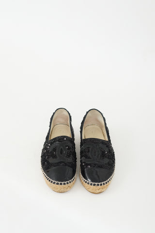 Chanel Black Sequin 
Patent CC Logo Espadrille