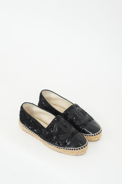 Chanel Black Sequin 
Patent CC Logo Espadrille