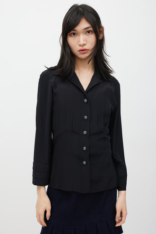 Chanel Black Silk Pleated CC Button Shirt