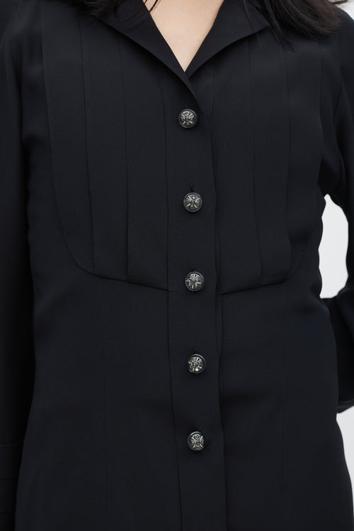 Chanel Black Silk Pleated CC Button Shirt