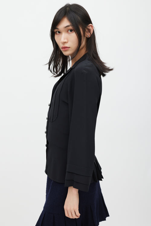 Chanel Black Silk Pleated CC Button Shirt