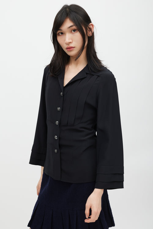 Chanel Black Silk Pleated CC Button Shirt