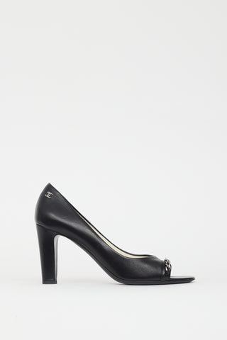 Chanel Black 
Silver CC Chain Peep Toe Pump