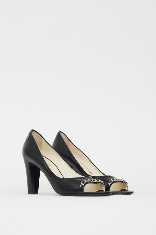 Chanel Black 
Silver CC Chain Peep Toe Pump