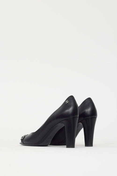 Chanel Black 
Silver CC Chain Peep Toe Pump