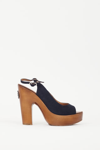 Chanel Black Suede 
Wooden Platform CC Slingback Sandal