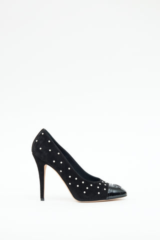 Chanel Black Suede Pearl Embellished  CC Pump