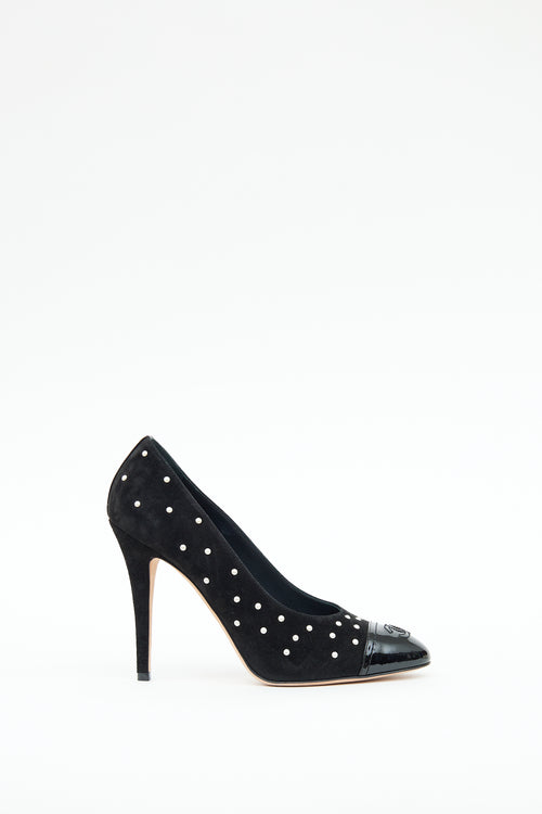 Chanel Black Suede Pearl Embellished  CC Pump