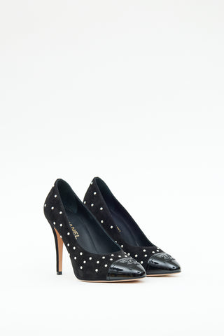 Chanel Black Suede Pearl Embellished  CC Pump