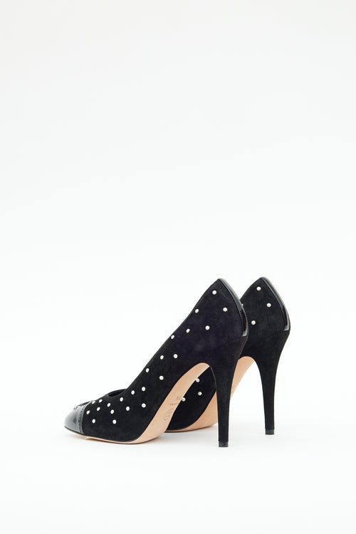 Chanel Black Suede Pearl Embellished  CC Pump