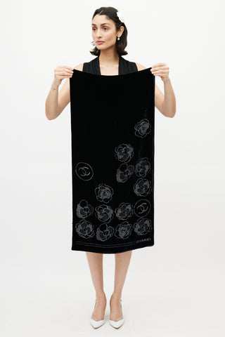 Chanel Black Velvet Floral Crystal Scarf