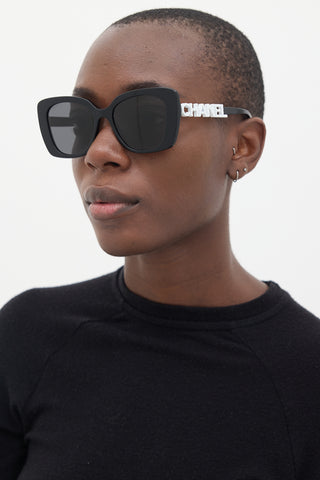 Chanel Black 
White 5422-B Embellished Logo Sunglasses