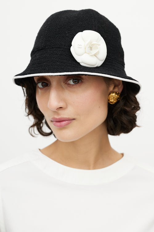 Chanel Black 
White Camellia Bucket Hat