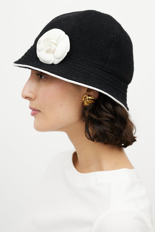 Chanel Black 
White Camellia Bucket Hat