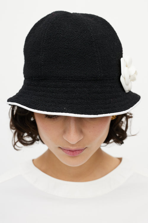 Chanel Black 
White Camellia Bucket Hat