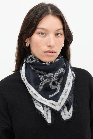 Chanel Black 
White Cashmere Chainlink Logo Scarf