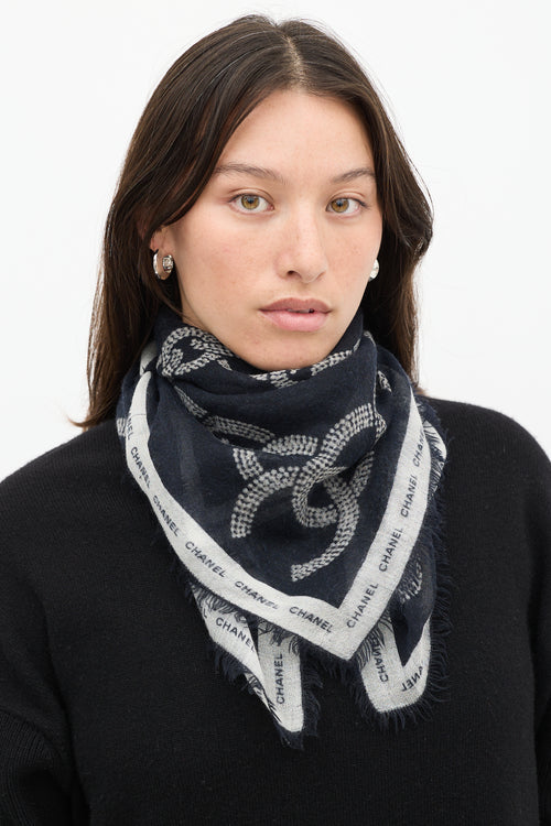 Chanel Black 
White Cashmere Chainlink Logo Scarf